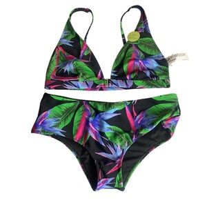 Forever 21 Size Large Swim Suit Bikini Set Black Tropical Print Vibrant Colorful